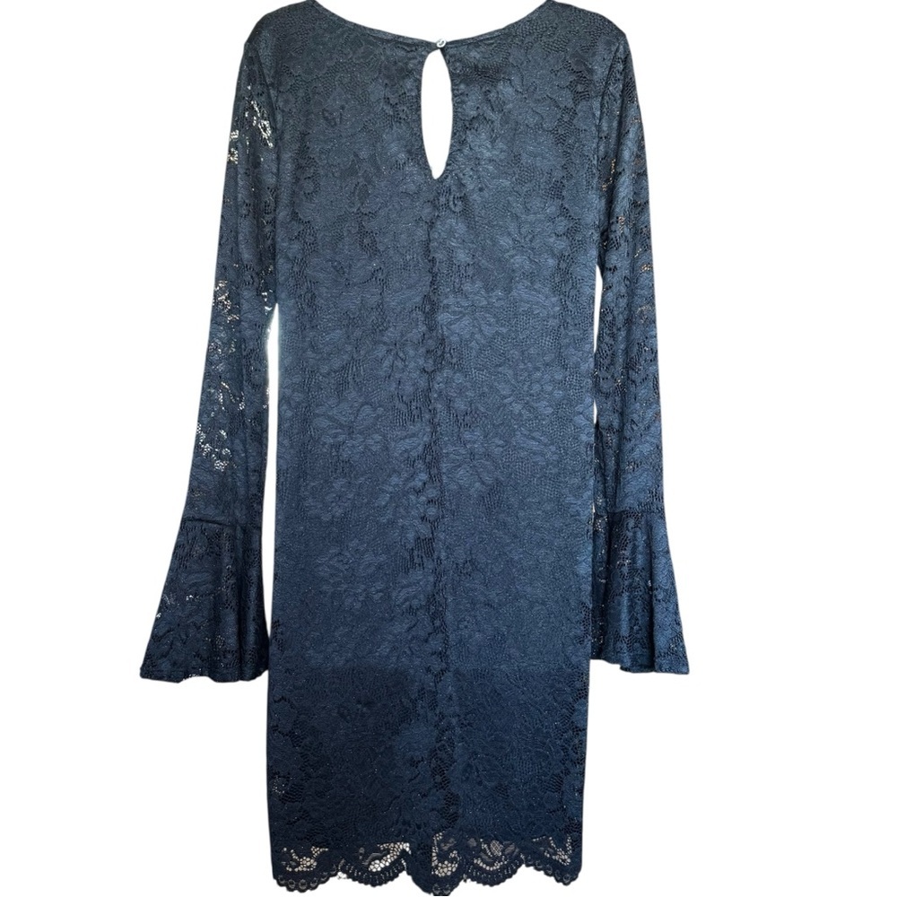 White Birch Lace Shift Dress Medium Black Bell Sleeve Sheer Overlay USA - Picture 3 of 8